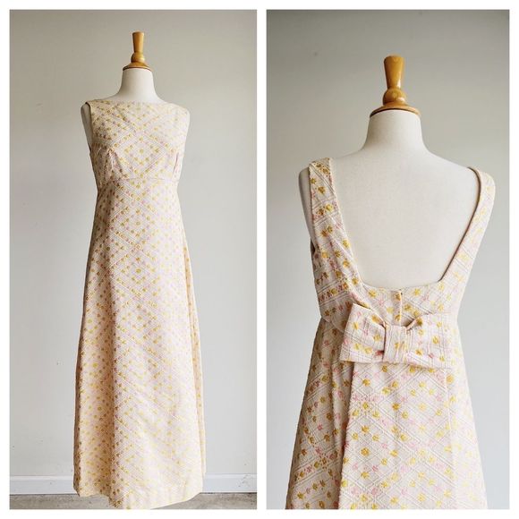 Vintage Dresses & Skirts - 60's / 70's VINTAGE | Pink and Yellow Floral Embroidered Full Length Gown | XS
